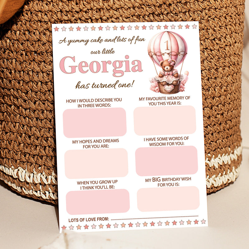 Personalised 1st Birthday Time Capsule Cards, Teddy Bear, Hot Air Balloon First Birthday Party