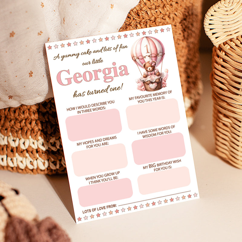Personalised 1st Birthday Time Capsule Cards, Teddy Bear, Hot Air Balloon First Birthday Party