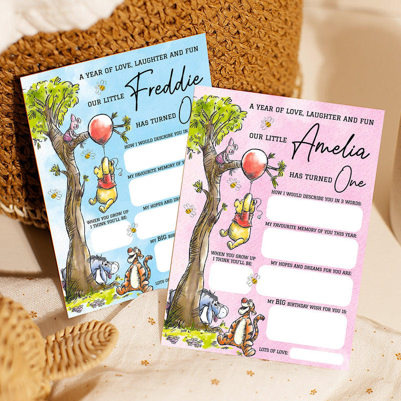 Personalised 1st Birthday Time Capsule Cards, Winnie The Pooh First Birthday Theme