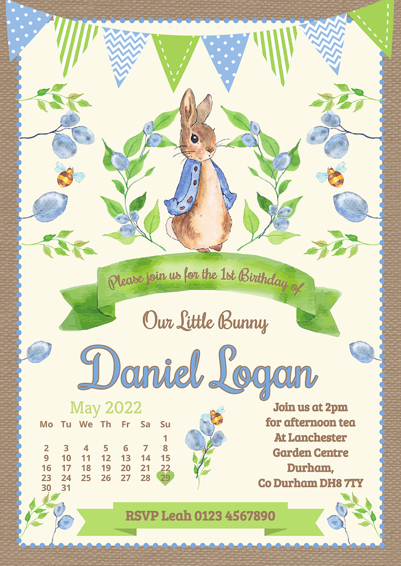 Personalised Peter Rabbit Bunting Invites Boy