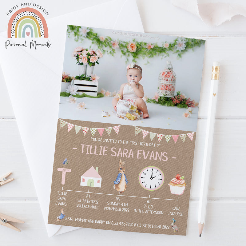 Personalised Peter Rabbit Vintage Girl Photo Invitations