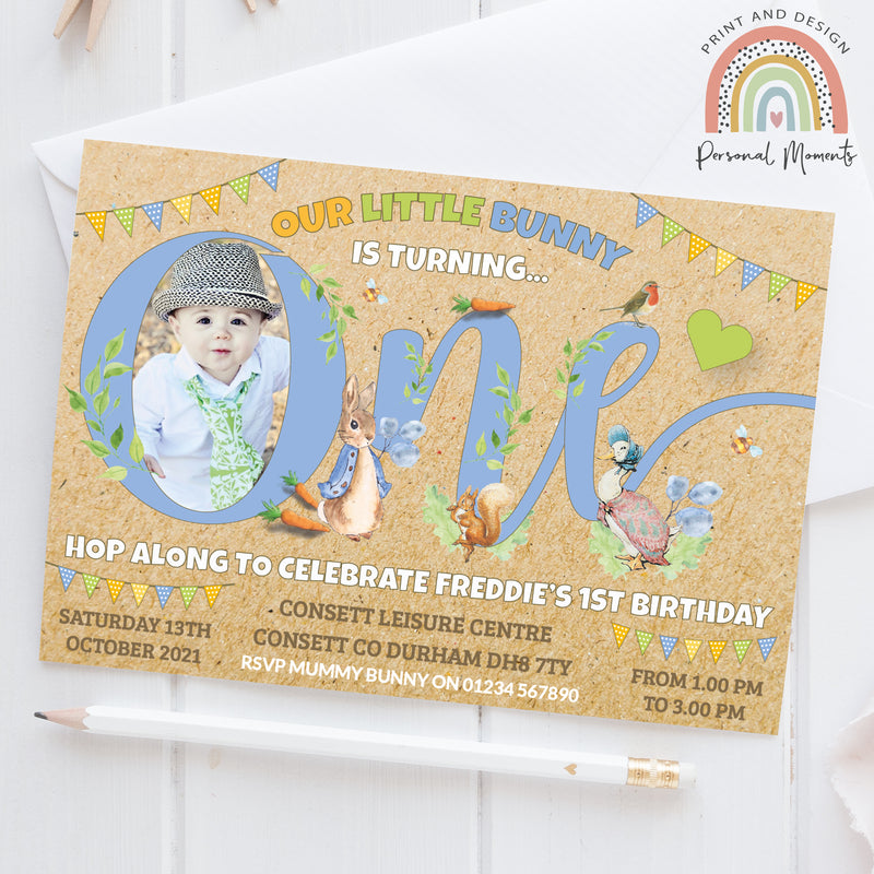 Personalised Kraft Peter Rabbit Photo 1st Birthday Invitations Blue