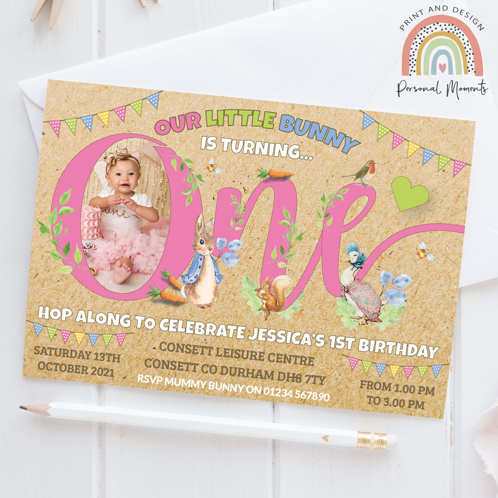 Personalised Kraft Peter Rabbit Photo 1st Birthday Invitations Pink