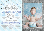 Boy Winter Party Invites Silver Glitter Blue Photo Invitations