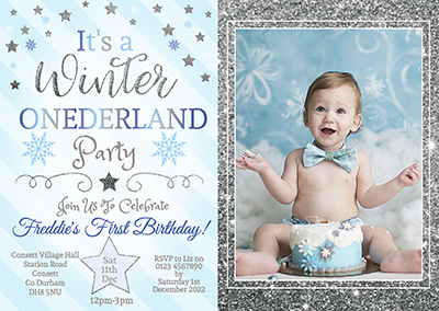 Boy Winter Party Invites Silver Glitter Blue Photo Invitations