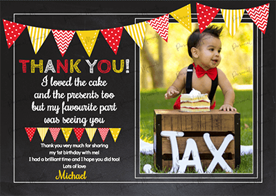 Personalised Photo Thank You Cards Red Yellow Bunting
