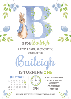 Peter Rabbit Boy 1st Birthday Party Invites