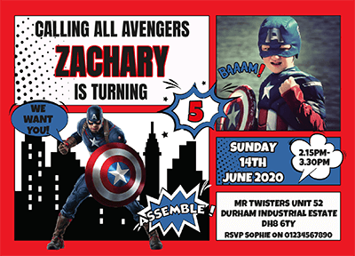 Personalised Captain America Photo Invites