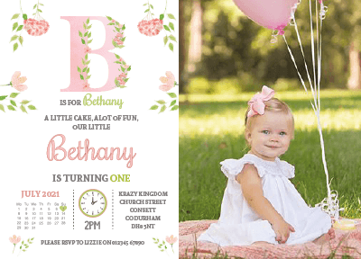 Personalised Girl Photo 1st Birthday Invites