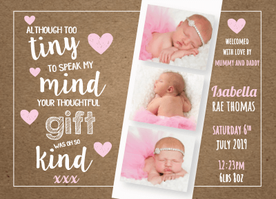 FLAT Personalised New Baby Girl Thank You Cards with Your Own Photos - Customisable Designs and Fast Shipping