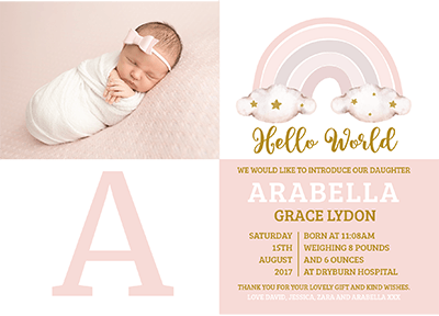 FOLDED pink rainbow cloud baby girl thank you notes