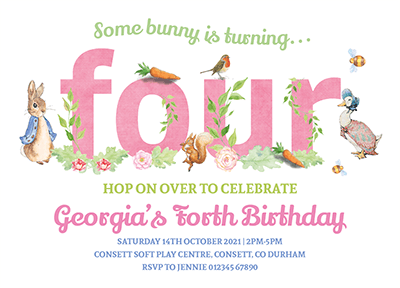 Girl Peter Rabbit 4th Birthday Invites Personalised
