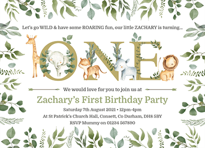 Personalised Jungle 1st Birthday Invites