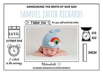 Baby Boy Personalised Clock Thank You Notes  