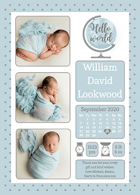 FOLDED Hello world blue polka dot frame boy thank you note 