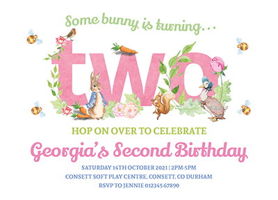 Girl Peter Rabbit Seocnd Birthday Invites Personalised