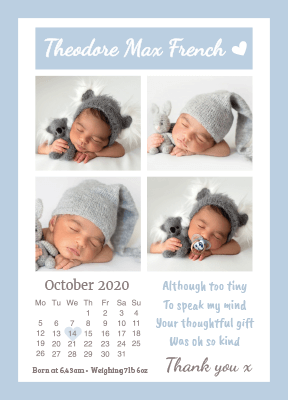 Customised blue border Calendar baby boy announcement note 