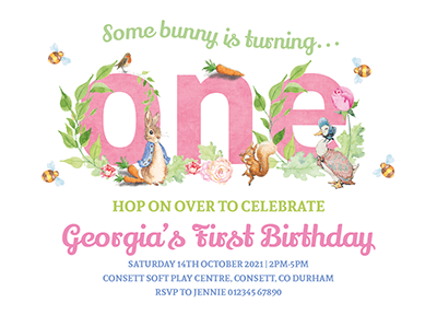 Pink Peter Rabbit 1st Birthday Invites