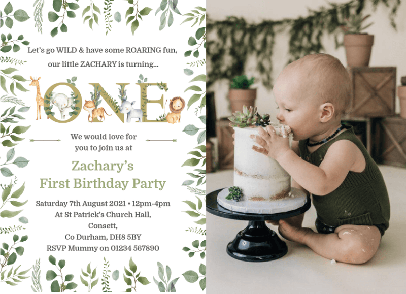 Personalised Leaf Jungle First Birthday Invites