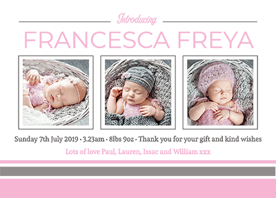 Baby Girl Pink And Grey Thank You Notes FOLDED