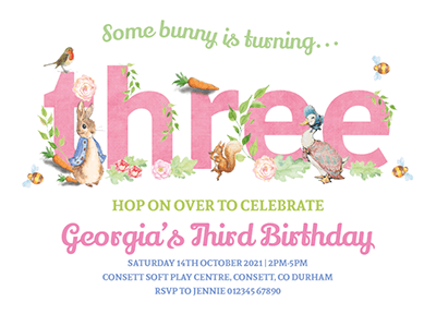 Girl Peter Rabbit Third Birthday Invites Personalised