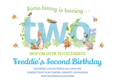 Boy Peter Rabbit Second Birthday Invites Personalised