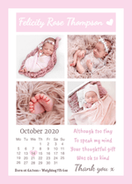 FOLDED pink girl calendar baby announcement note