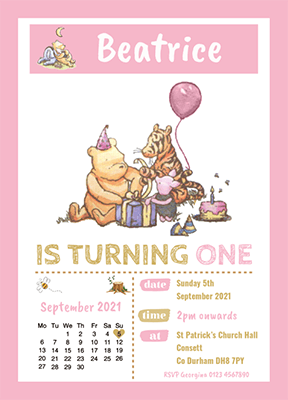 Personalised Pink Winnie The Pooh Invites