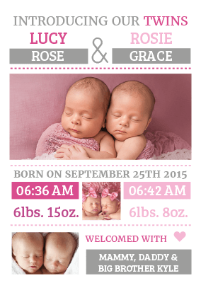 FLAT Pink Introducing Our Twins Baby Thank You Cards