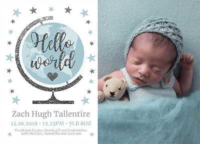 FOLDED Globe Baby Boy Thank You Cards
