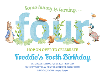 Boy Peter Rabbit Fourth Birthday Invites Personalised