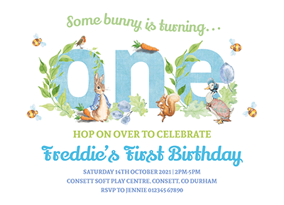 Boy Peter Rabbit First Birthday Invites Personalised