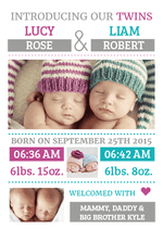 FLAT Pink & Blue Introducing Our Twins Baby Thank You Cards