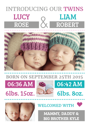 FLAT Pink & Blue Introducing Our Twins Baby Thank You Cards