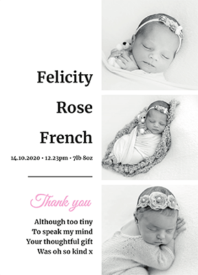 Girl black and white baby thank you note