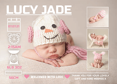 FLAT Personalised Baby Girl Multi Photo Thank You Cards Pink Birth Announcement Notes
