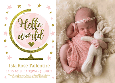 FOLDED Globe Baby Girl Thank You Cards