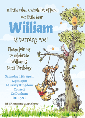 Blue Winnie The Pooh Invites Personalised