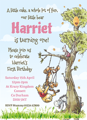 Pink Winnie The Pooh Invites Personalised