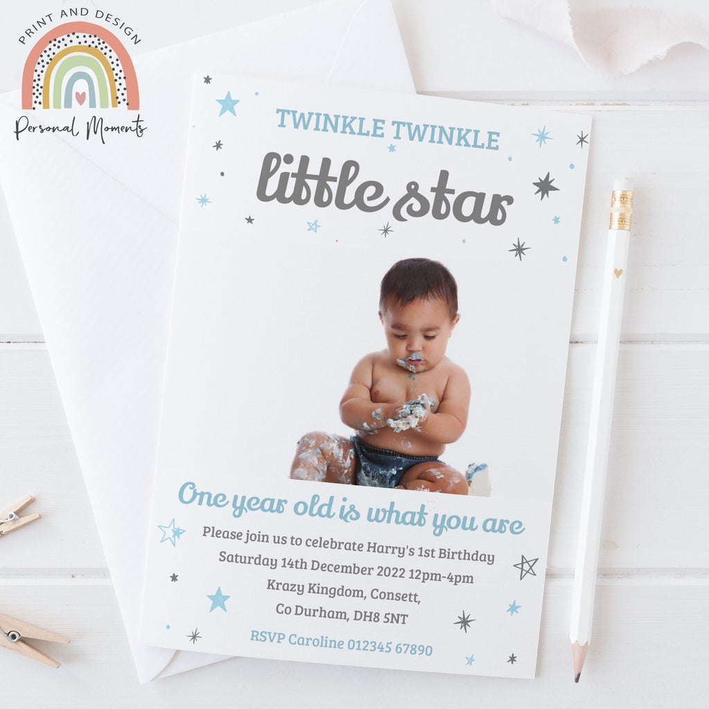 Personalised Twinkle Twinkle Little Star Boy 1st Birthday Invitations