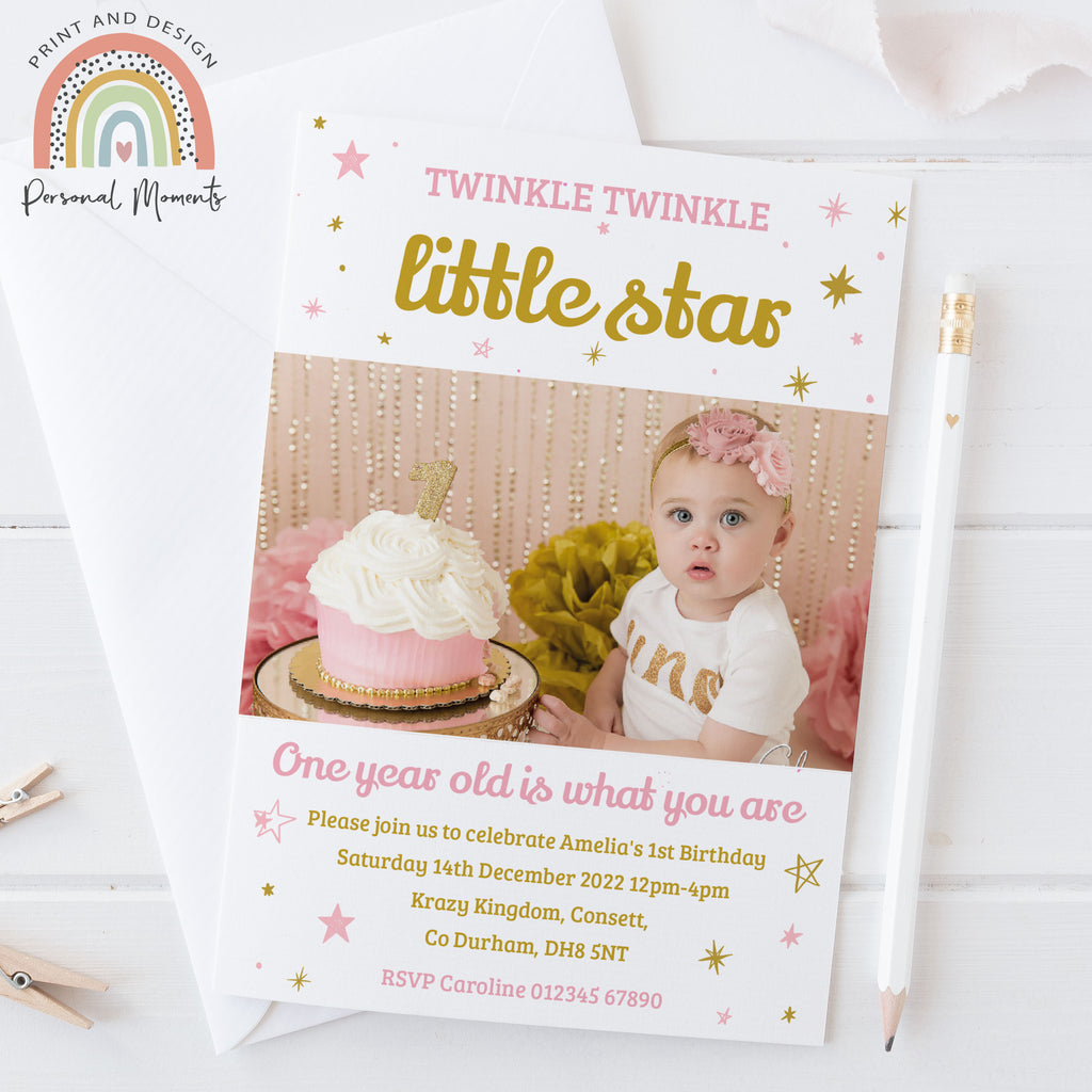 Personalised Twinkle Twinkle Little Star Girl 1st Birthday Invitations