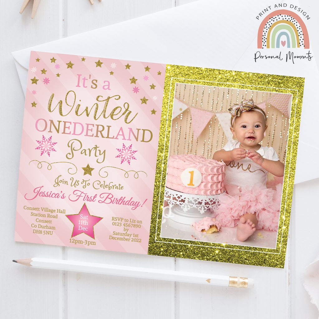 Personalised Winter Onederland Girl Photo Invitations Pink Gold