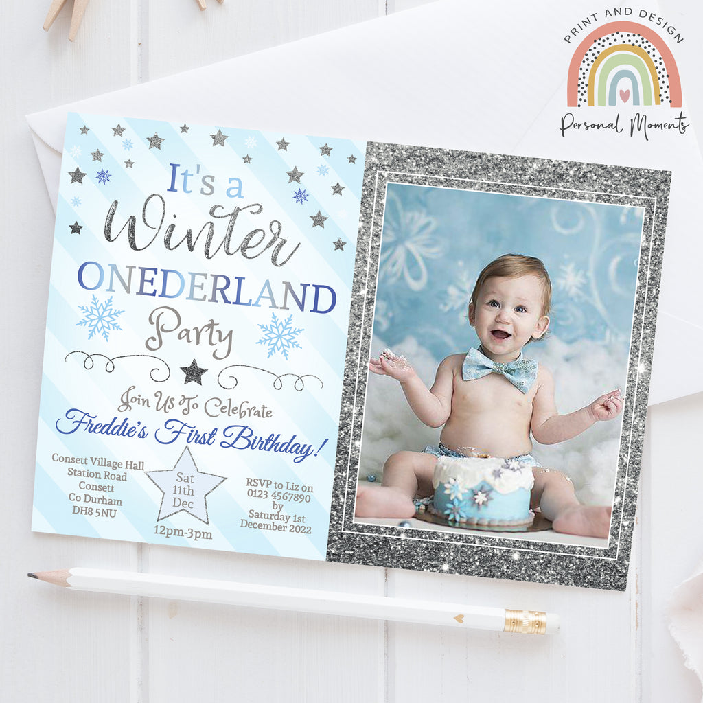 Personalised Winter Onederland Boy Photo Invitations Blue Silver